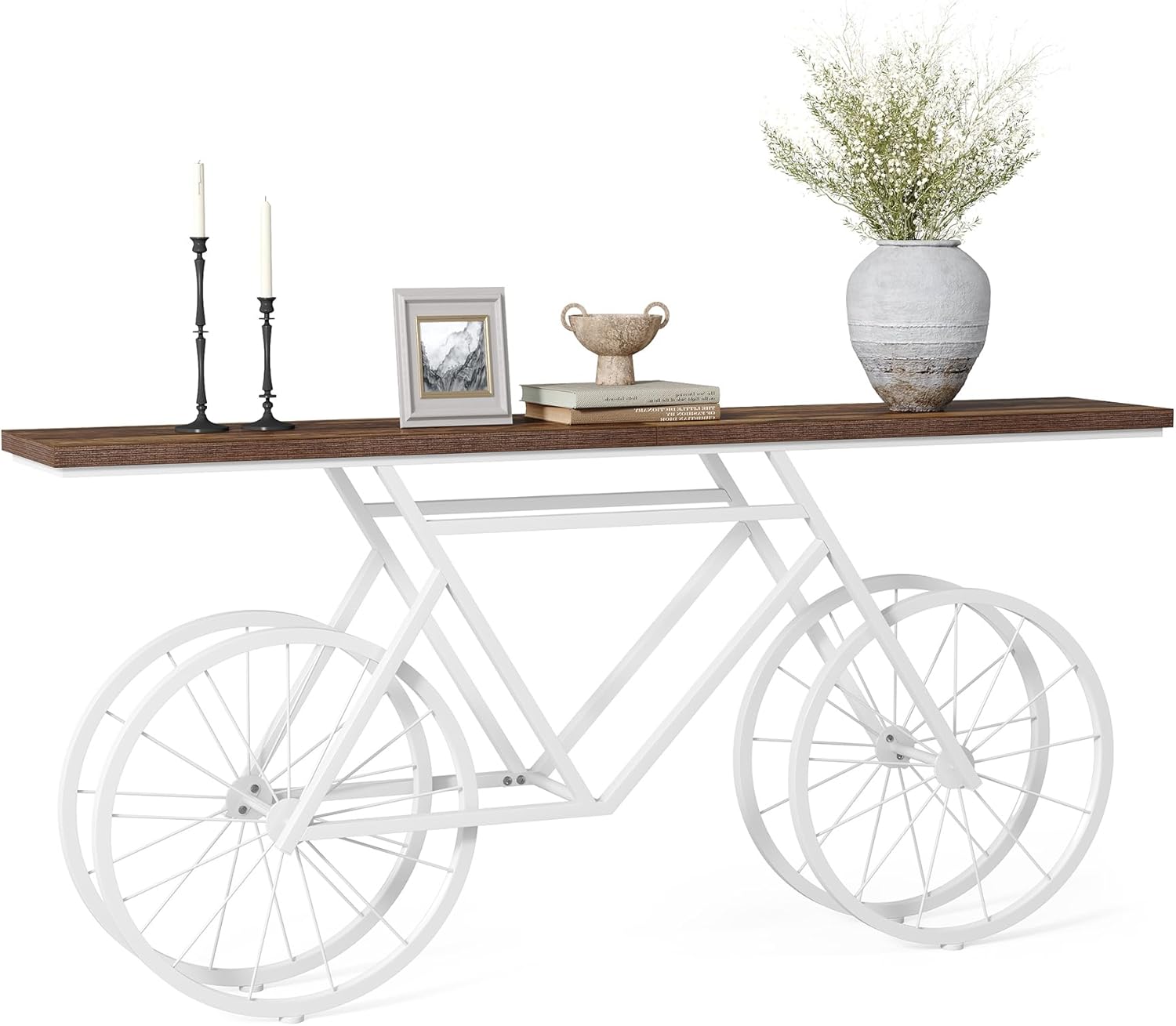 LITTLE TREE Narrow Sofa Table, 70.9-Inch Extra Long Console Table for Living Room, Entryway, with Unique Bicycle Metal Base. Rustic Brown