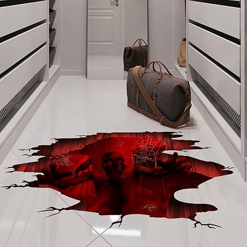 Miniatura 7 de Calcomanías 3D para suelo de Halloween, diseño de zombi aterrador, decoración artística, fantasma sangriento, calcomanías de suelo estiradas,