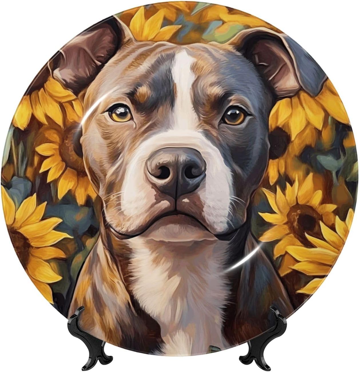 Sunflower And Dog Style Ceramic Plate Display Home Display With Stand Wall Hanging Plate For Home Decor 10 Inch