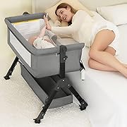 BCOL 3 in 1 Baby Bassinet Bedside Sleeper, Bedside Crib for Baby, Adjustable Baby Bassinet with Wheels, Storage Basket, Mattress, Easy Assemble & Folding Portable Baby Cradle (Grey)