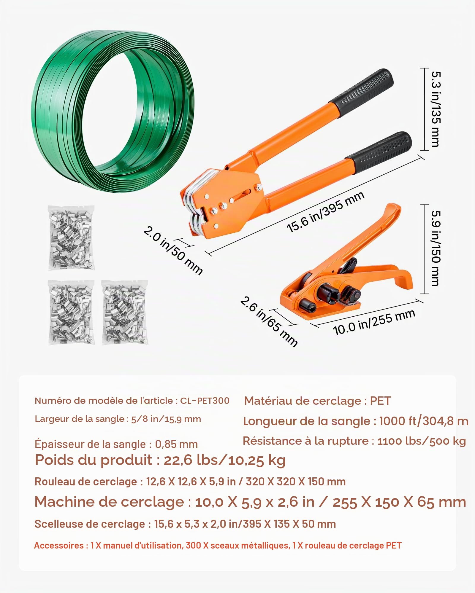 VEVOR Kit Cerclage Feuillard PET 304,8 m Kit Cerclage Palette Manuel avec Outil et Tendeur pour Emballage, Entrepôts, Déménagement, Stockage et Transport de Marchandises, avec 300 Scellés en Métal