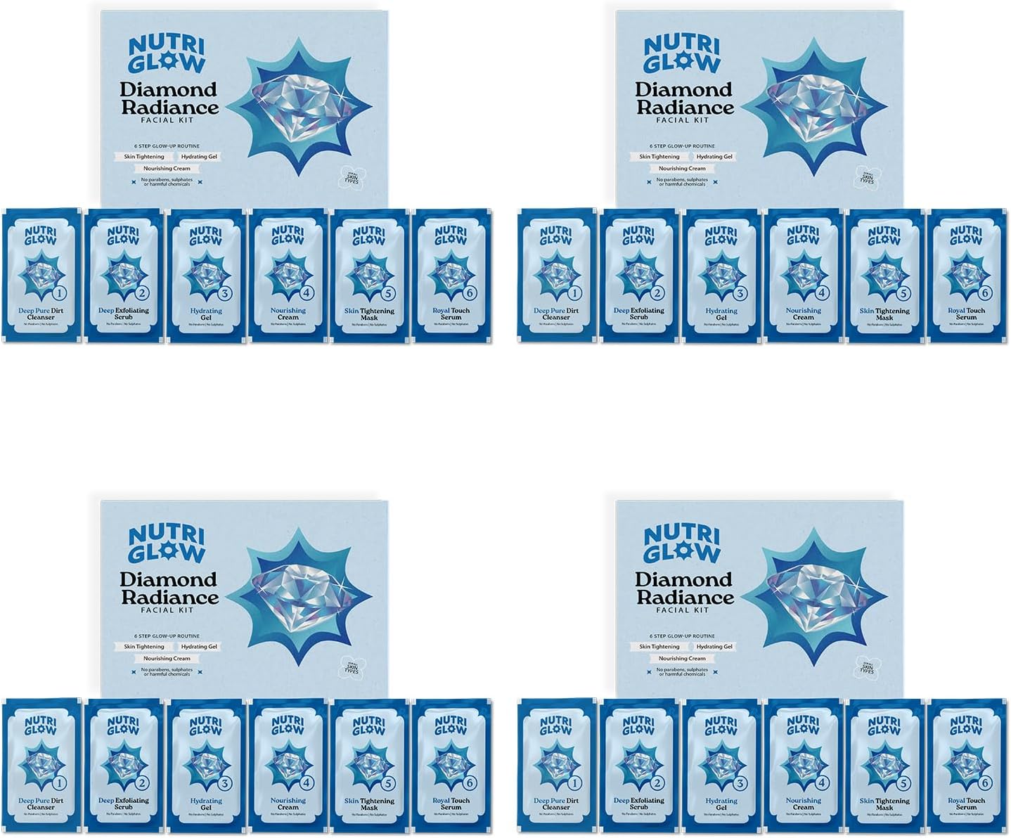 NutriGlow NATURAL'S Advanced Pro Formula Combo Pack of 4 Diamond Radiance Facial Kit 60gm Each For Make Skin Acne & Spot Free,Brightens Up Dull Skin