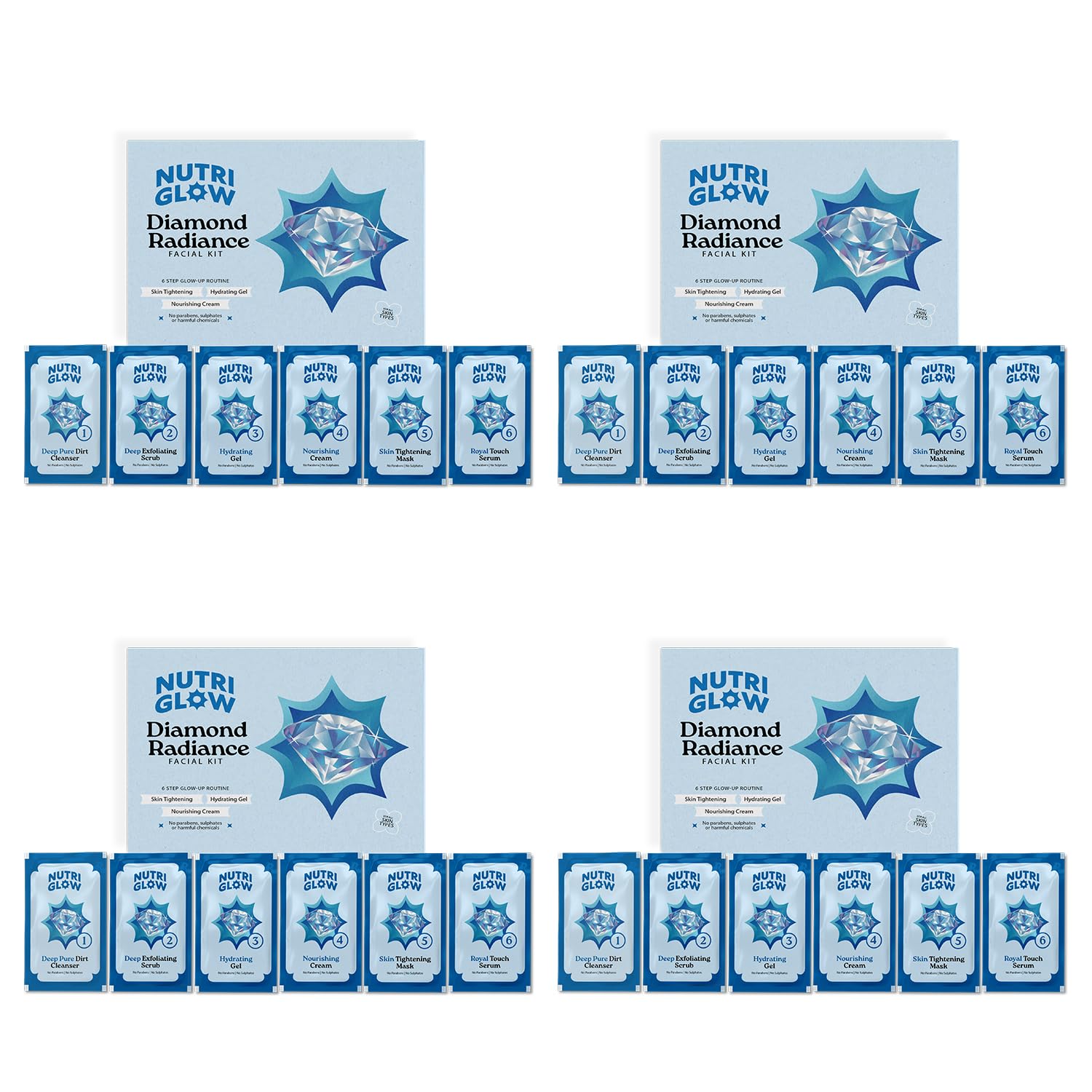 NutriGlow NATURAL'S Advanced Pro Formula Diamond Radiance Facial Kit For Make Skin Acne & Spot Free,Brightens Up Dull Skin, 10gmx6 Each, Pack of 4