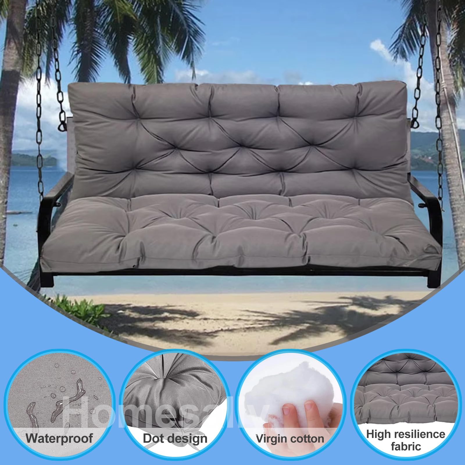 Impermeable al aire libre Swing Cushions with Backrest 2/3 Seater Bench Cushion for Garden Furniture Dark Grey Seat Replacement Cushions 150 x 100 x 10 cm Includes 8 slips Ties