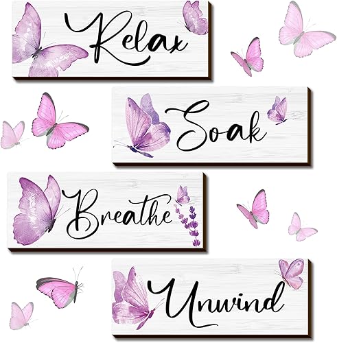 Weysat 4 accesorios de baño morados de 10 x 4 pulgadas, decoración de baño de mariposa para relajarse, remojar y relajarse, decoración de pared de