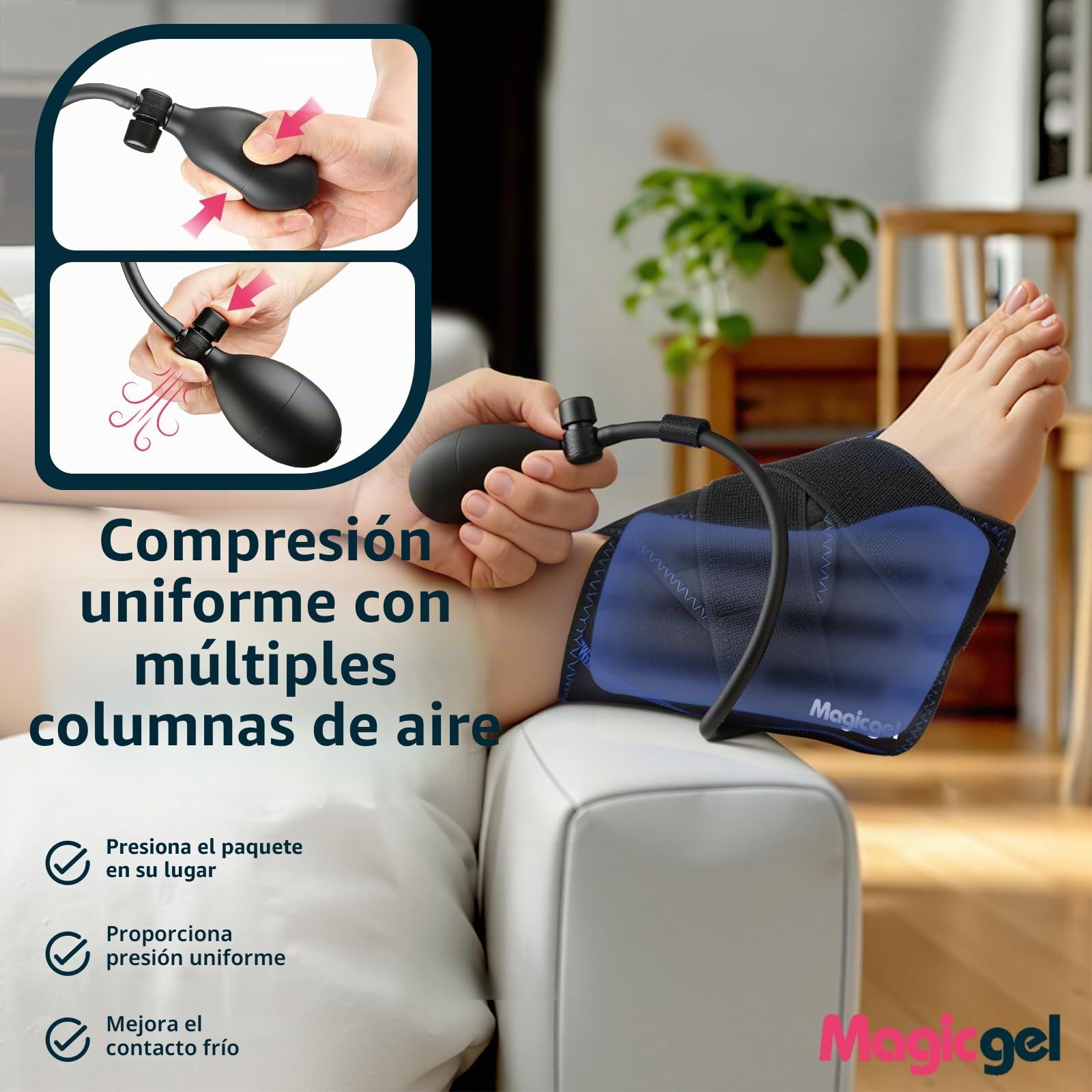 Magic Gel Bolsa de Hielo para Tobillo con Compresión – Bolsa Frío Calor para Tobillo, Talón y Pie – Alivio para Esguince, Hinchazón y Tendinitis de Aquiles – Wrap con Bomba de Aire y 2 Packs