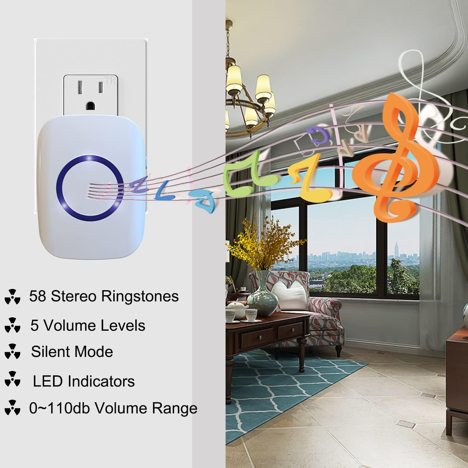 Wireless Doorbell, 1,000ft Range Loud Enough Doorbell Chime，5 Volume Levels and 52 Door Chimes With LED Flashing (Light White)
