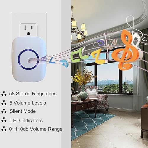 Miniatura 3 de Timbre inalámbrico, rango de 1,000 pies, timbre lo suficientemente fuerte, 5 niveles de volumen y 52 timbres de puerta con LED intermitente (blanco