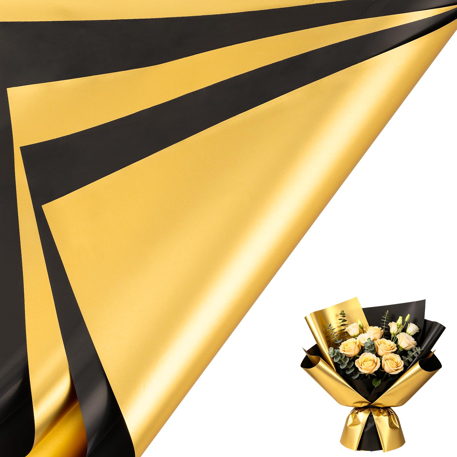 RUSPEPA 20 Sheets Double-Sided Matte Waterproof Flower Wrapping Paper, Black & Metallic Gold, Florist Bouquet Packaging for, Birthday & DIY Crafts