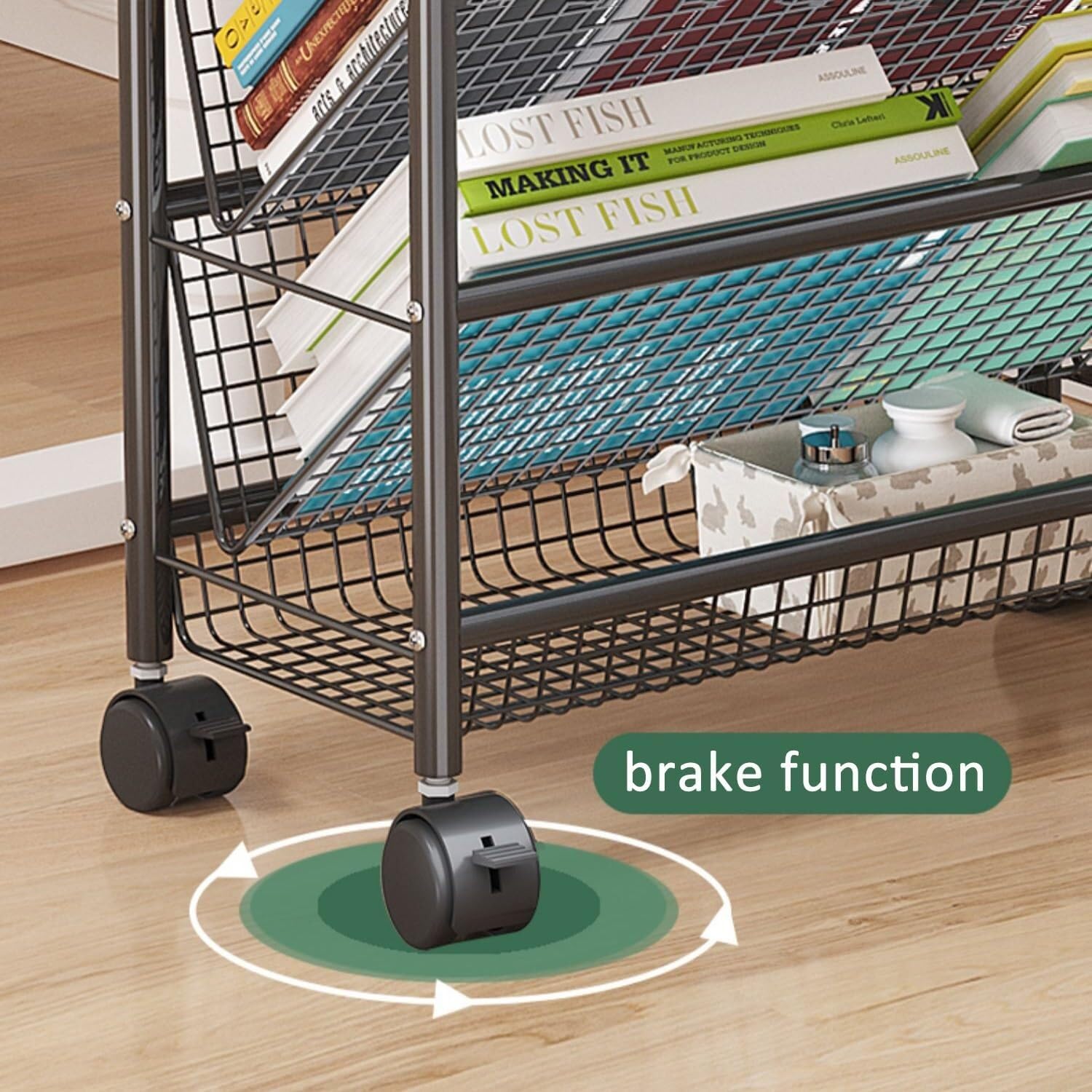 Rollbarer Bücherwagen mit Rädern für mobile Bücherregale, kompakter Schreibtisch-Aufbewahrungswagen, bodenstehendes Metall-Bücherregal/Eckregal, Zeitschriftenregal für enge Räume(Schwarz,5 Tier)