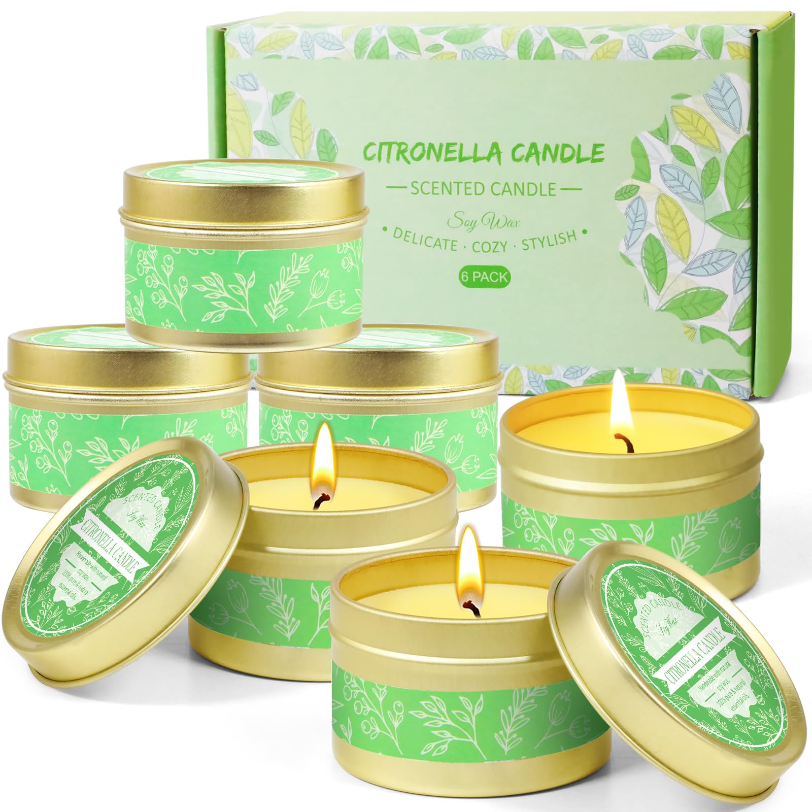 Citronella Candle, Scented Soy Wax Candle Made of Lemongrass Citronella Essential Oil, Portable Tin Candle for Outdoor, Indoor, Garden, Camping, 6 Pack