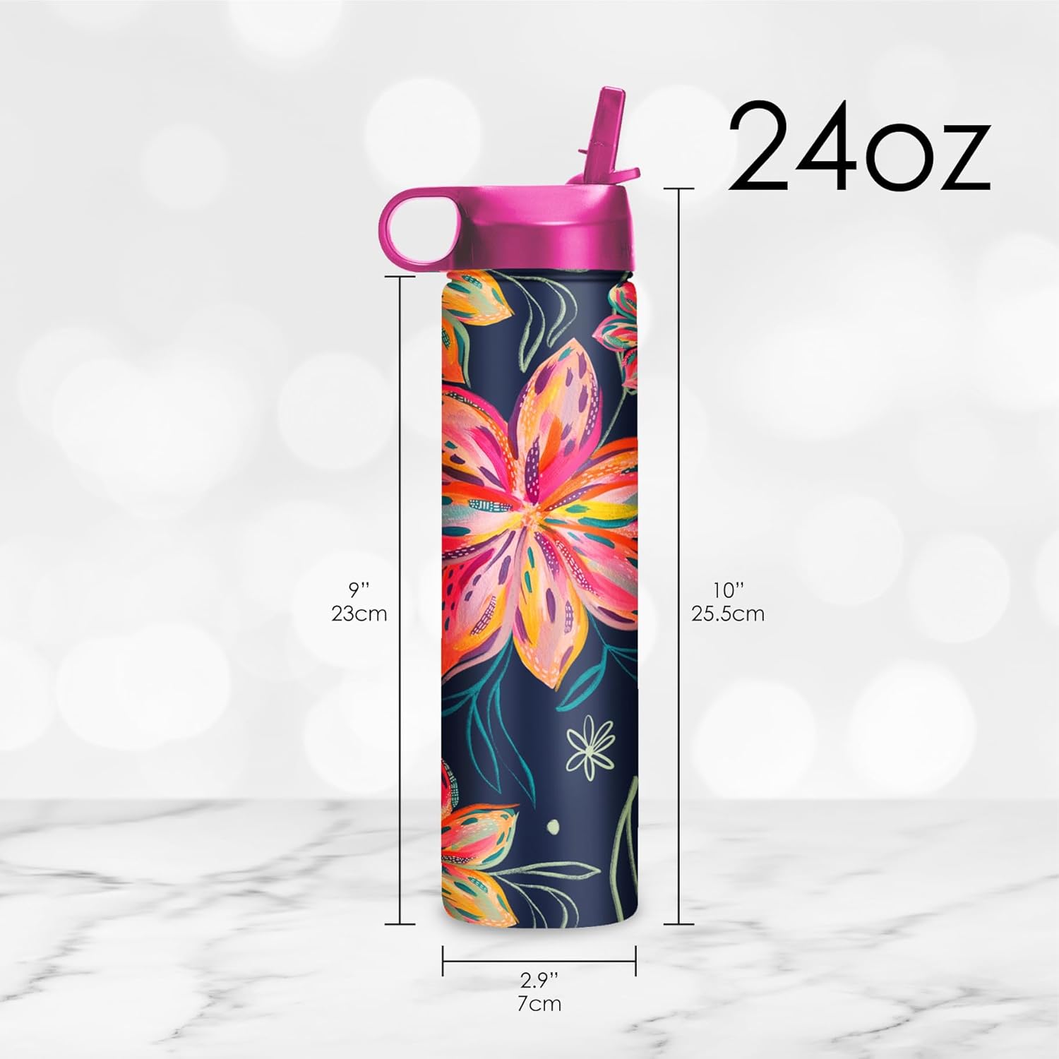 RainCaper 18/8 Stainless Steel Insulated Water Tumbler with Straw | 24oz, BPA-Free, Double Wall for Hot & Cold | Travel-Friendly, Cup Holder Ready (EttaVee Bold Flowers)