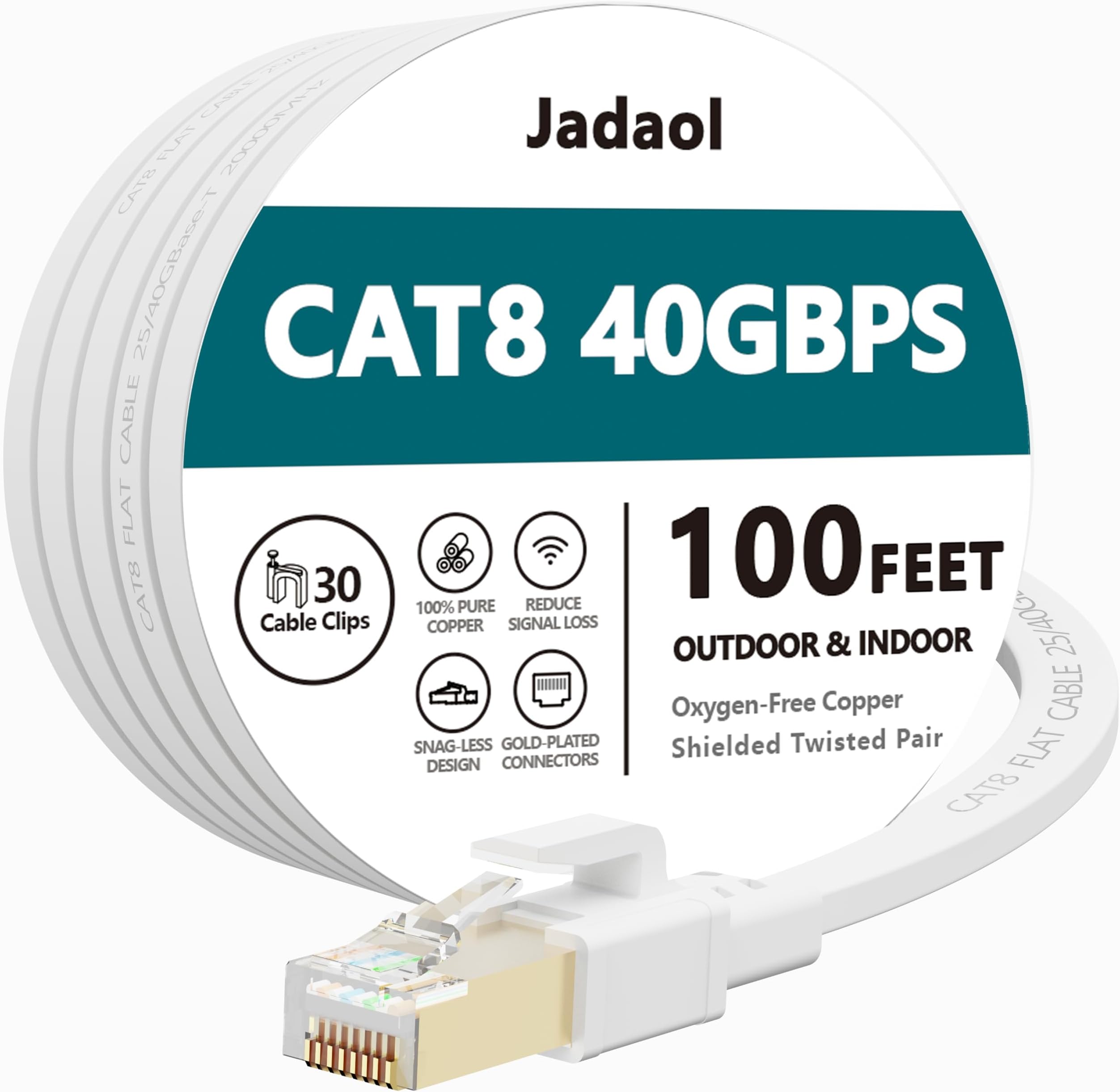 Jadaol Cat 8 Ethernet Cable 100ft (30.48m), 40Gbps 2000MHz Flat S/FTP LAN Patch Cable, High-Speed Cat8 Network Cable for Router, Modem, Switch, Gaming Consoles, PC, Smart TV & Streaming Devices, White