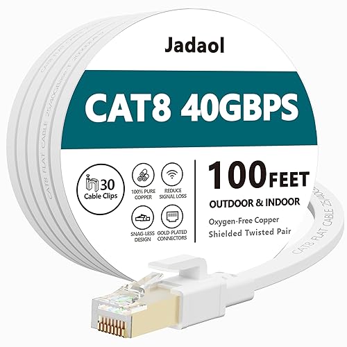Miniatura 19 de Cable Ethernet Cat8, para exteriores e interiores, cable de red LAN Cat 8 de alta velocidad de 30 pies, cable de conexión de computadora plano RJ45