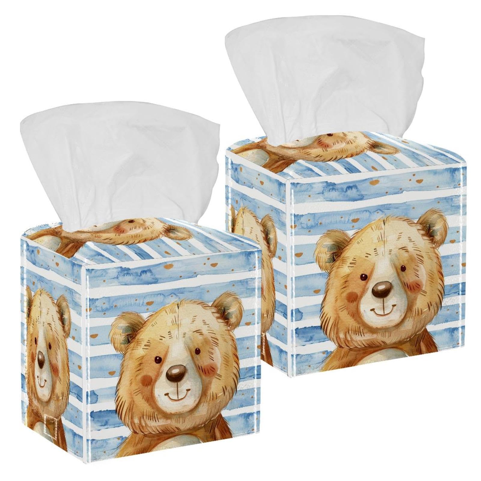 Lovely Bear Tissue Box Cover, 2 Pack PU Leather Square Facial Tissue Dispenser Box holder for Home Office Car