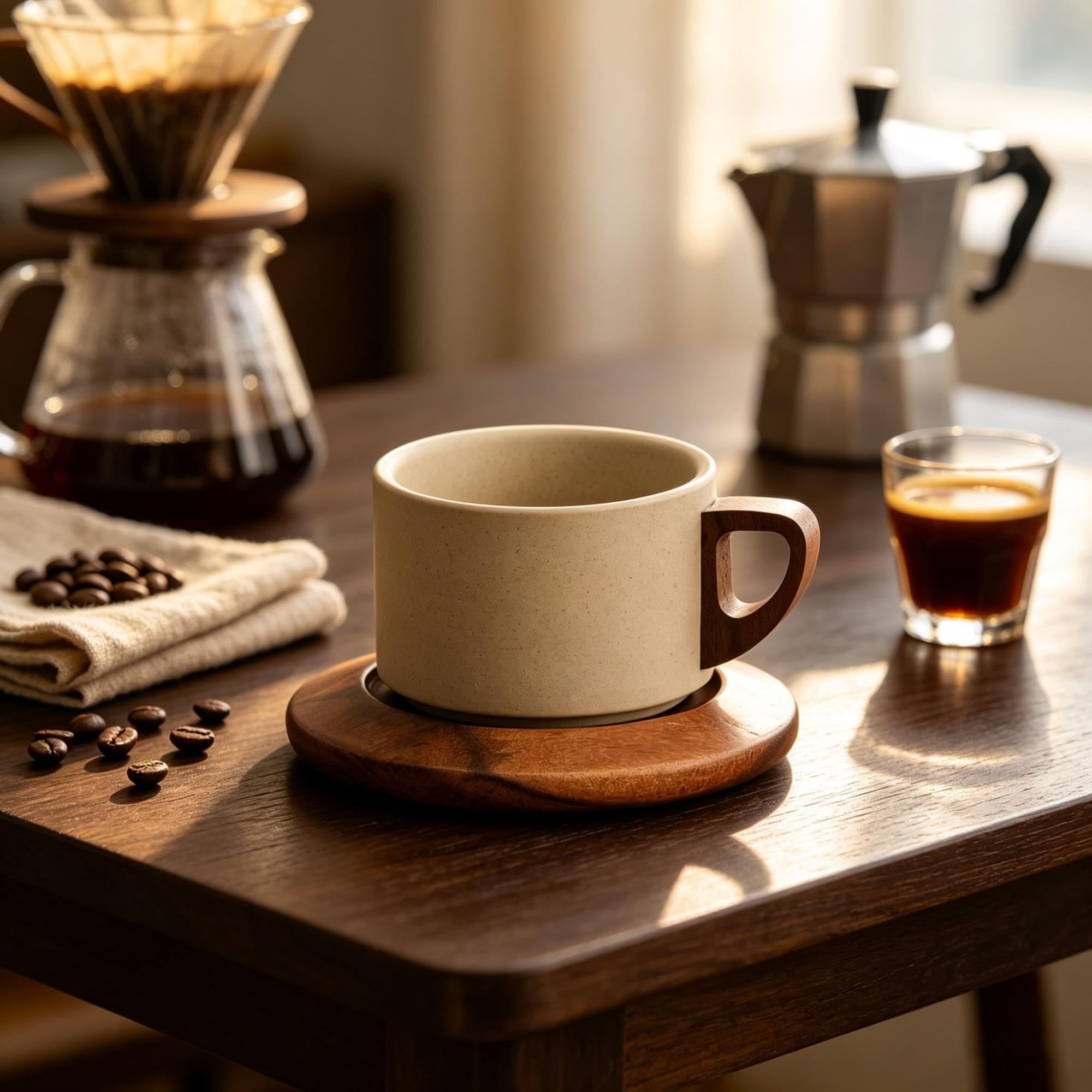 Tasse à café rétro, tasse à café en porcelaine, avec sous-verres en bois