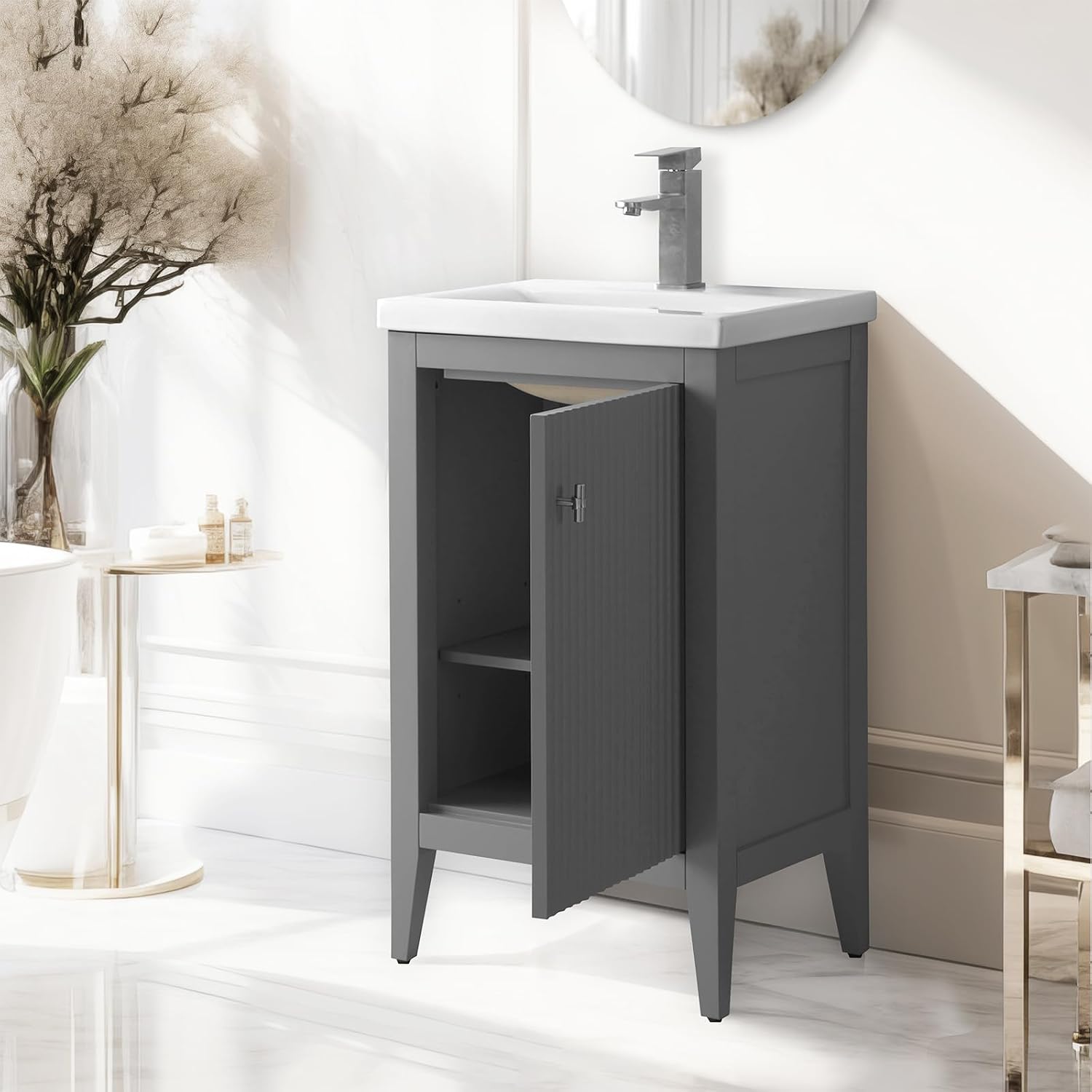 Vanity Art 20 inch Bathroom Vanity with Single Sink & Ceramic Top, Vanity Cabinet with Soft-Closing Door, Solid Wood Frame, Linear Pattern, Cashmere Gray, VA9120-G-MB,Matte Black Handles