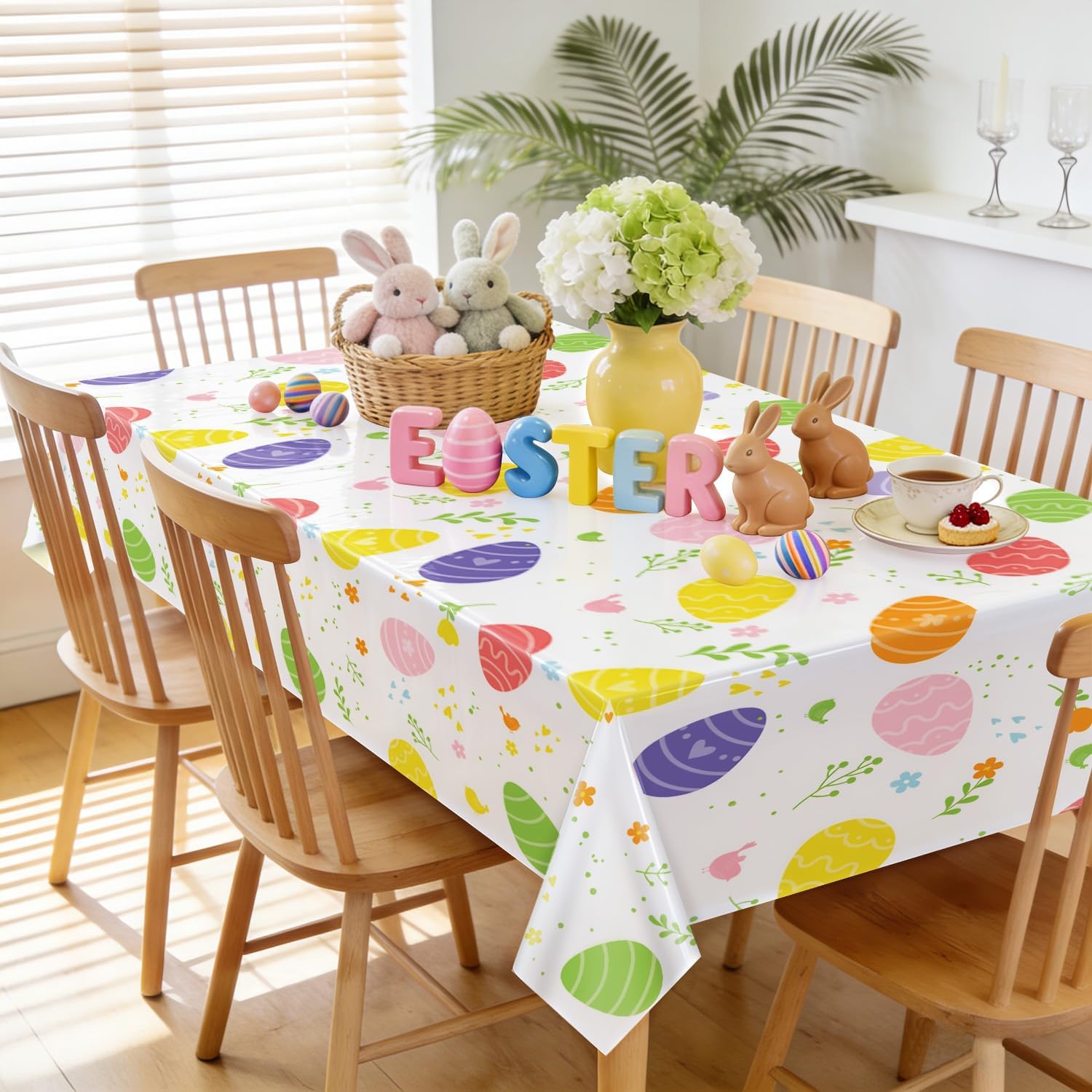 4Pcs Easter Party Plastic Tablecloths - Colorful Easter Eggs Theme Table Cover, Rectangular Easters Floral Spring Table Decorations for Picnic Home Kitchen Dining Party Supplies, 51 x 86.6 Inch