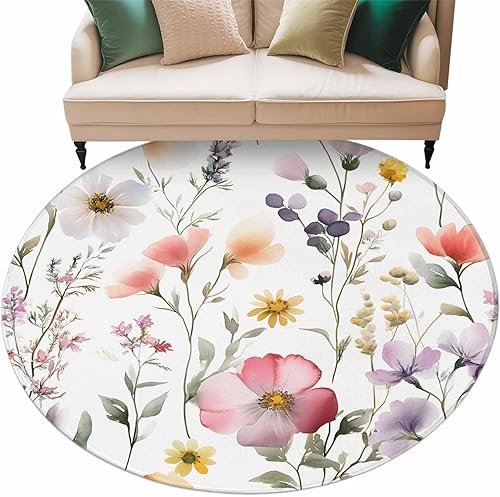 Miniatura 2 de 8ft Round Rug, Flower Spring Non-Skid Rubber Backing Large Area Rugs - Living Room Bedroom Home Office, Watercolor Retro Country Farm Leaf Plant