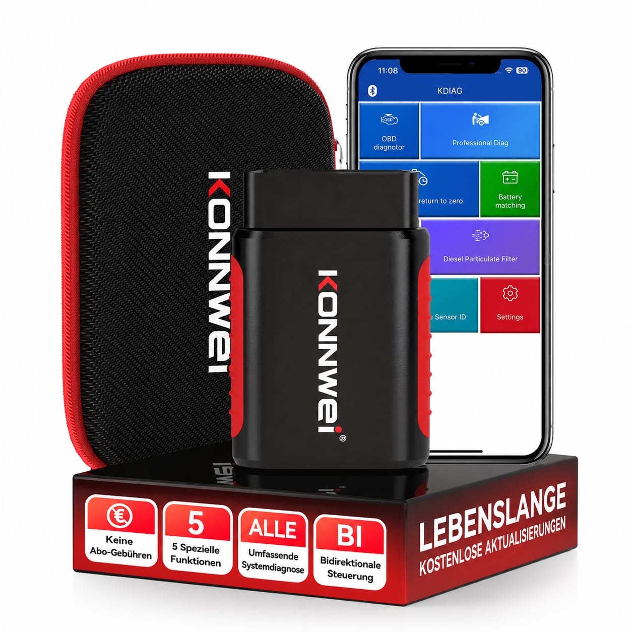 KONNWEI KDIAG OBD2 Diagnosegerät Auto mit Alle System Scan, OBDII/EOBD Diagnose Fehlercode auslesen und löschen,Motordiagnose Check Engine mit DTC Definition,Bluetooth kompatibel mit iOS und Android