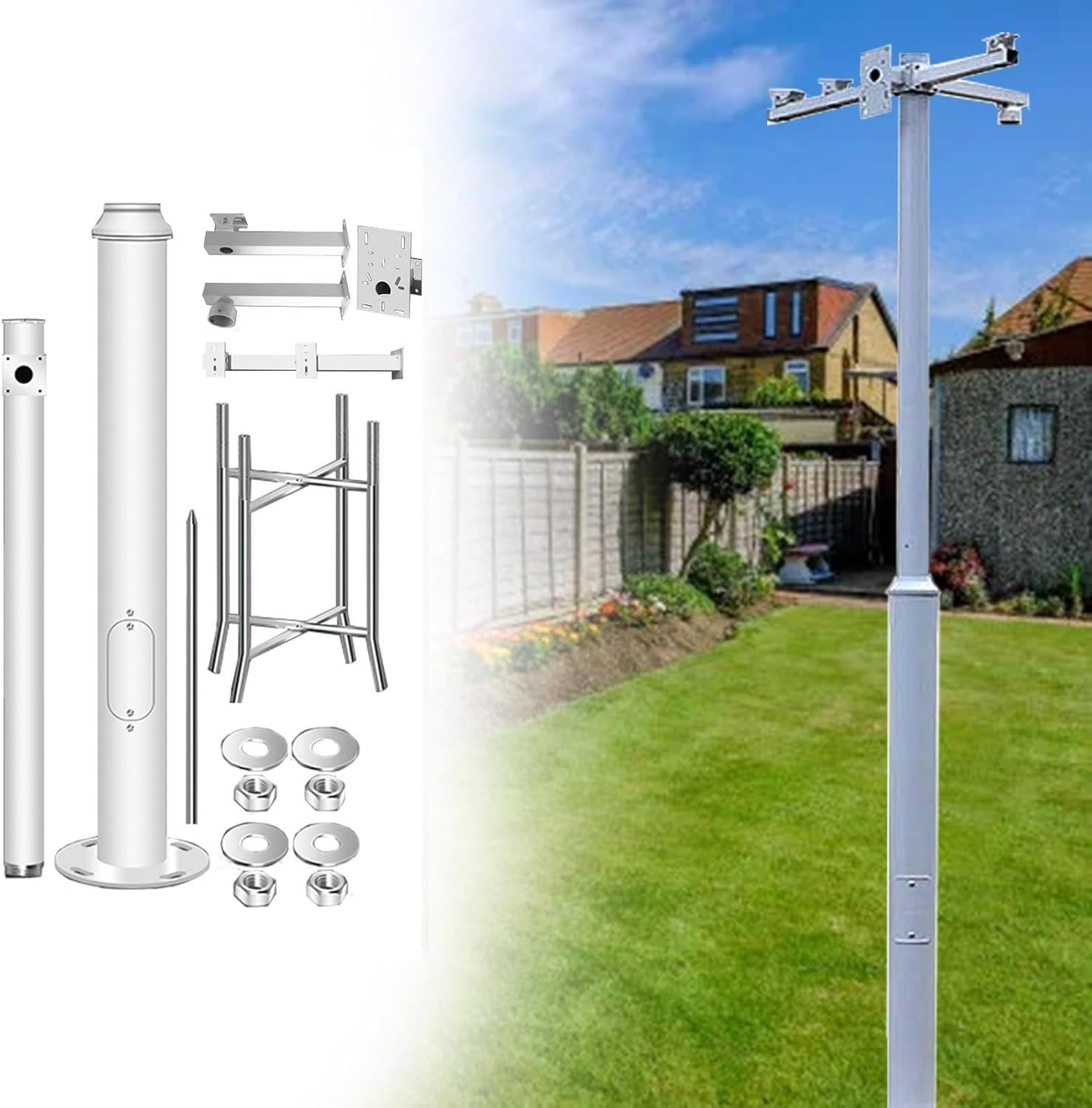 WHYYDSS Weatherproof Security Camera Pole with 4 Brackets, Ground Mount Galvanized Surveillance Pole Column, for Warehouses/Factory/Construction Sites 6m/19.6ft
