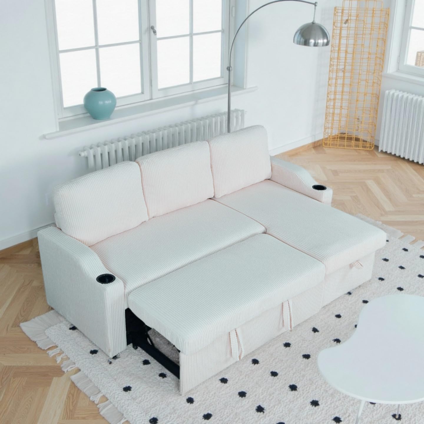 Couch, Pull Out Sectional Sofa for Living Room, Couch with Pull Out Bed, Sectional Sleeper with Chaise, Movable Seat Cushion and Backrest, Corduroy Sleeper Sofa Bed with Cup Holder, Beige