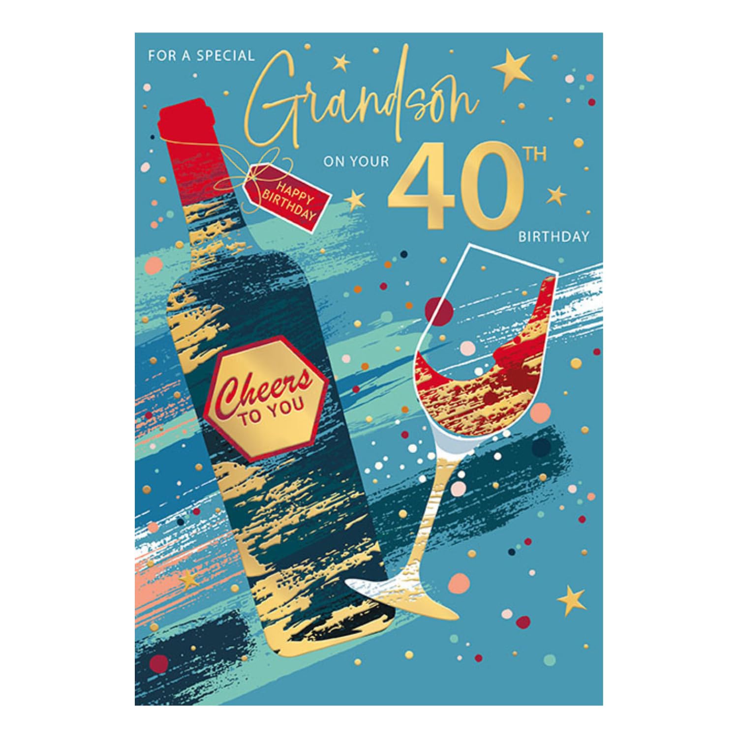 WORDS 'N' WISHES Birthday Card, Age 40 - Grandson Foiled and Patterned Red Wine Bottle, 23.5 x 16.5 cms, Multi-Coloured