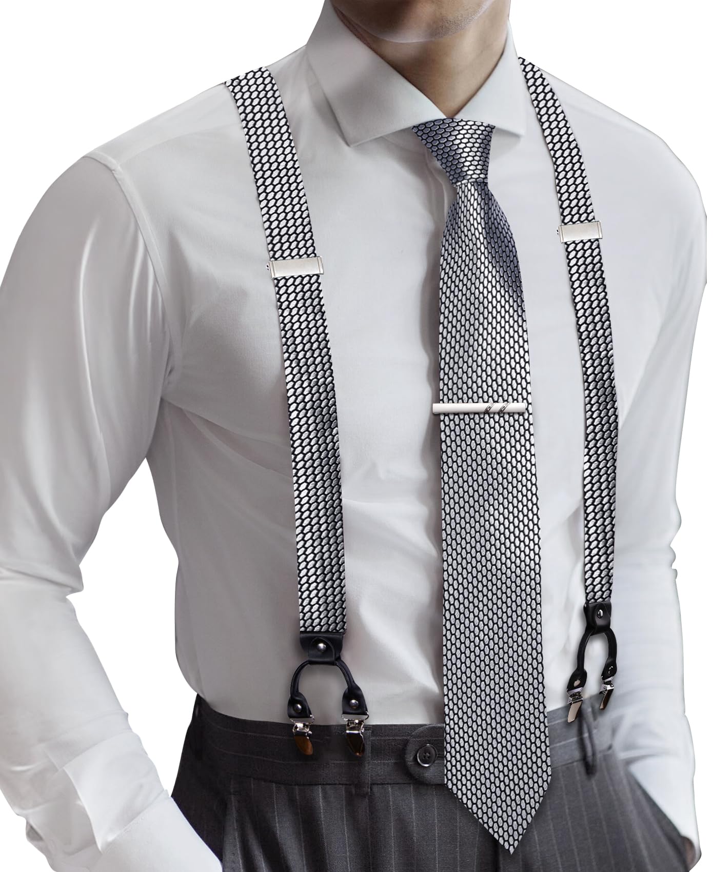 Barry.Wang Men Suspender Tie Sets Elastic Heavy 6 Clips Hanky Cufflink 5PCS | Classic Suspender Set for Man Necktie Y Type Adjustable Heavy Duty 6 Clips Braces Pocket Square Cufflinks Party
