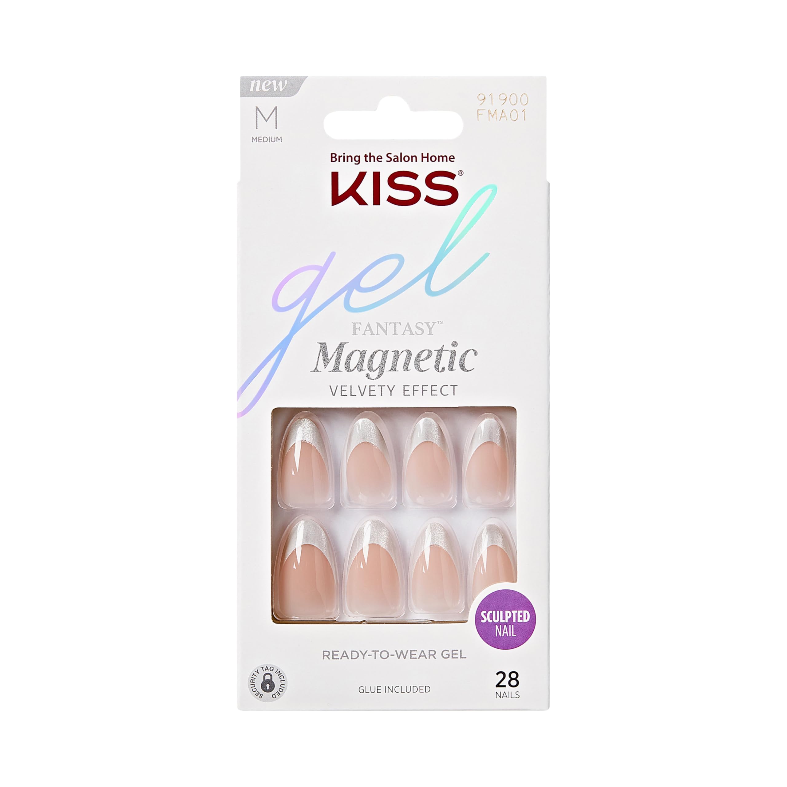 KISS Gel Fantasy, Press On Nails, Nail glue included, 'North Coast', Silver, Medium Size, Almond Shape, Includes 28 Nails, 2g glue, 1 Manicure Stick, 1 Mini File