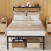 TFK Twin Metal Bed Frame with Headboard Shelf & 12.8" Underbed Storage - Heavy Duty 700lb Capacity, No Box Spring, Easy Assembly, Black