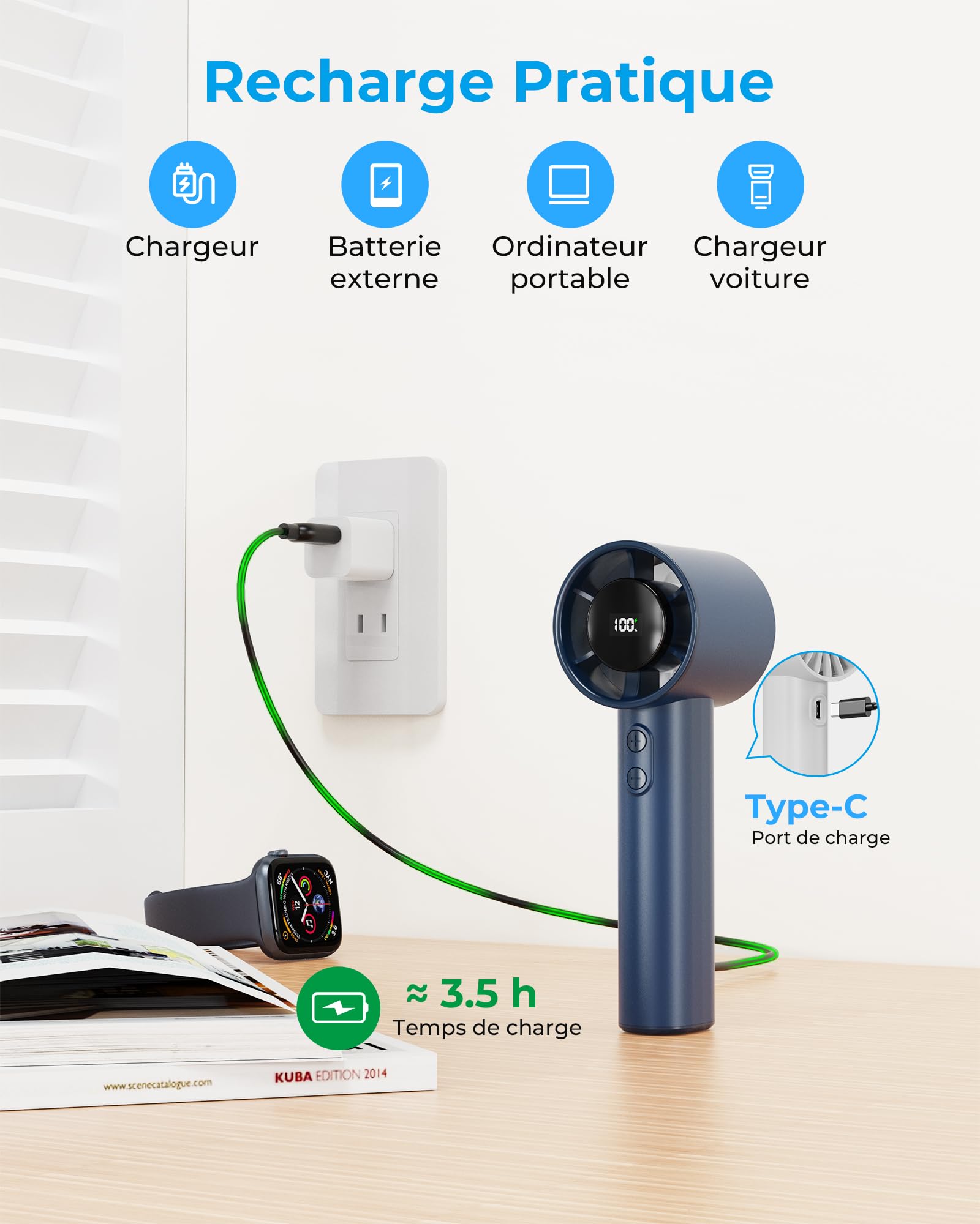 Ventilateur Portable à Main - 3000mAh Mini Ventilateur de Table USB,1-199 Vitesses,Jusqu'à 13H,Écran LED,Petit Ventilateurs Rechargeable,Fan sans Fil pour Voyage/Extérieur/Intérieur,avec Lanière - 5