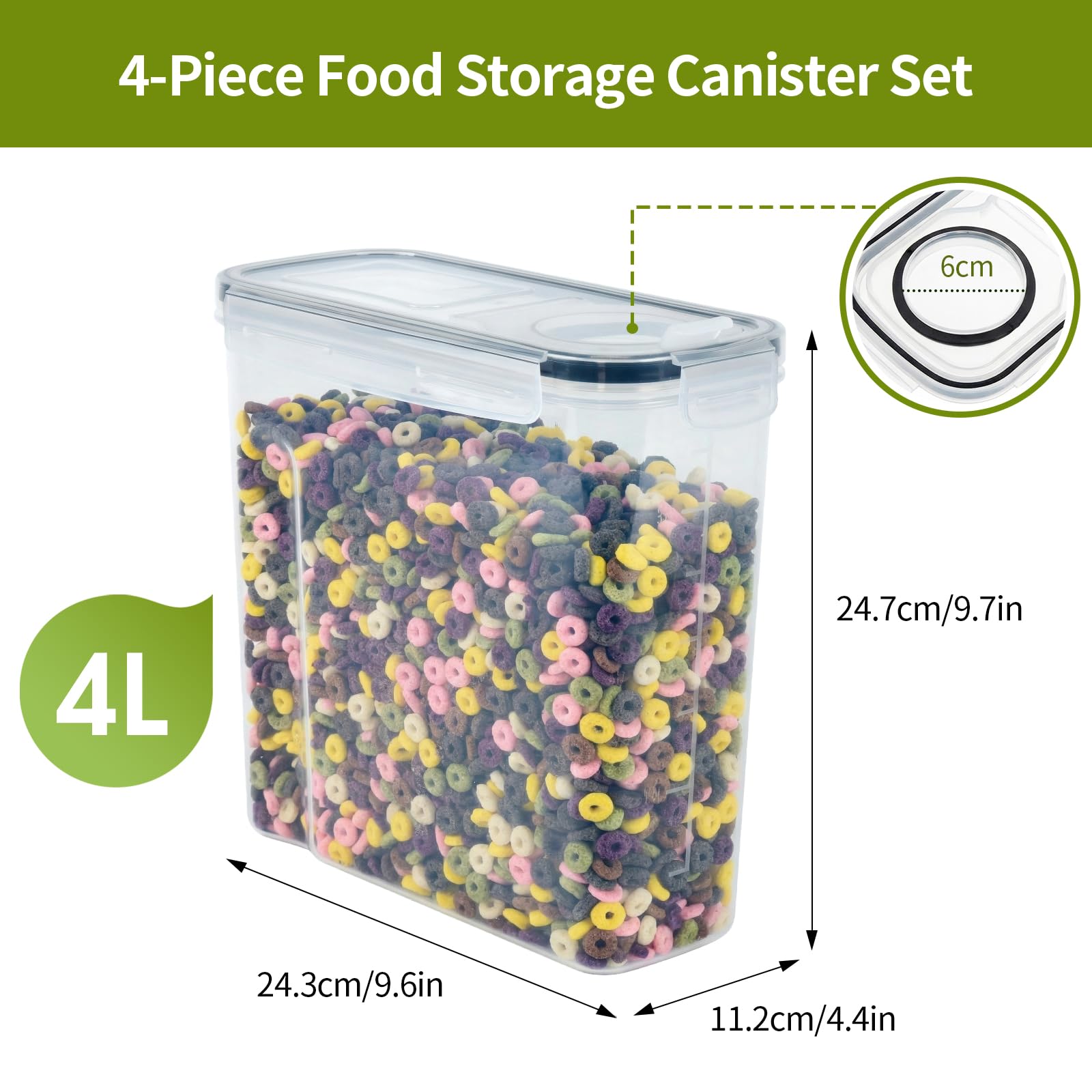 OTraki 4 Pezzi Contenitori Ermetici Per Alimenti Con Coperchio,4L Contenitori Alimentari per Cereali Senza BPA Contenitori Pasta Dispensa,Contenitori Cucina Organizer per la Conservazione Per Cereali
