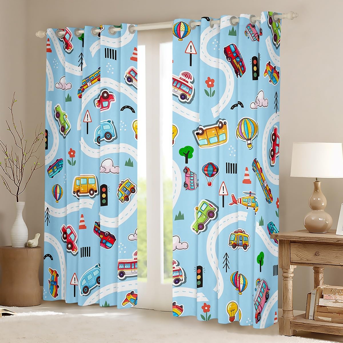 Homemissing Kids Curtains (2 Panels,W66*L90) for Bedroom Living Room Boys Girls Cartoon Car 30%-50% Room Darkening Blackout Curtain Blue Reversible Window Treatments Vehicle Bedding Room Decor - Image 2