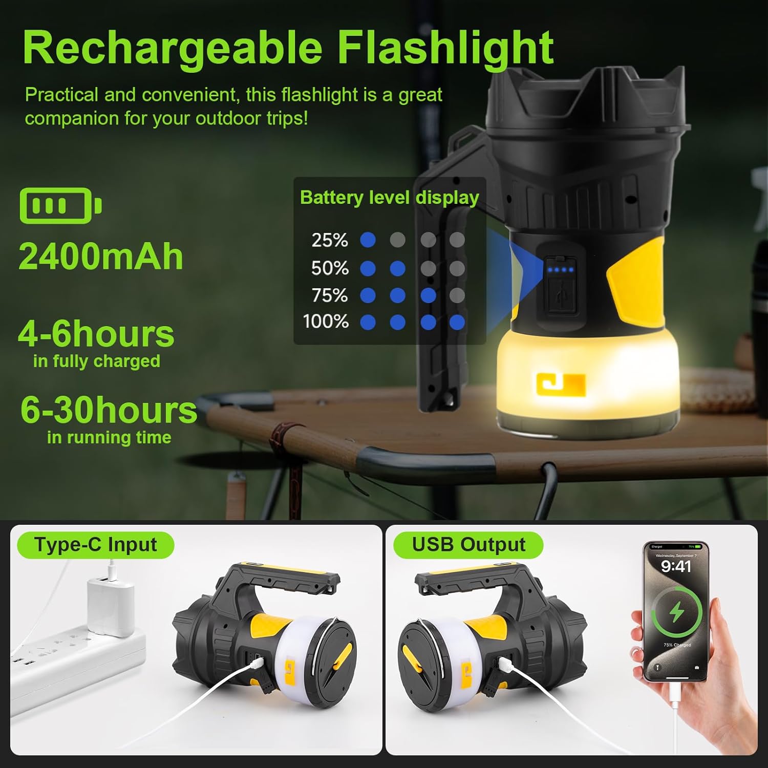 LED Camping Lantern Rechargeable, Camping Flashlight Spotlight 1200LM, 47.6FT Fairy Lights 6 Light Modes for Holiday Decoration, Emergency, Hiking, Power Outages, Camping Essentials