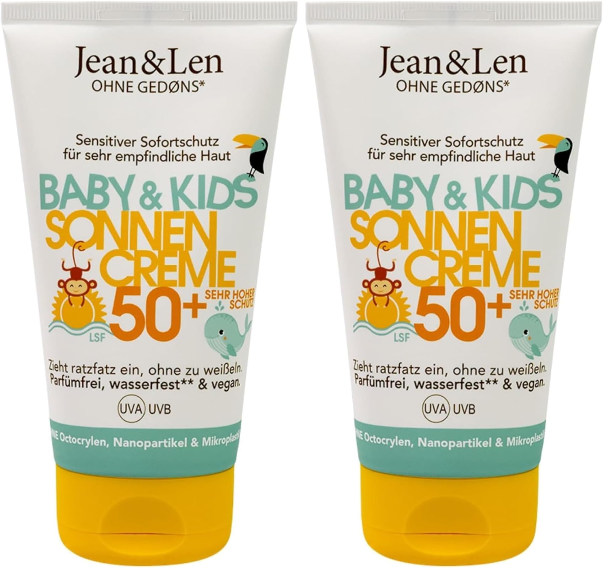 Jean & Len Sensitiv Sonnencreme Baby & Kids 50+ LSF, parfümfrei, wasserfest, für empfindliche Kinderhaut ab 6 Monaten, ohne Mikroplastik, Octocrylen, Duftstoffe, vegan, Kindersonnencreme, 150ml