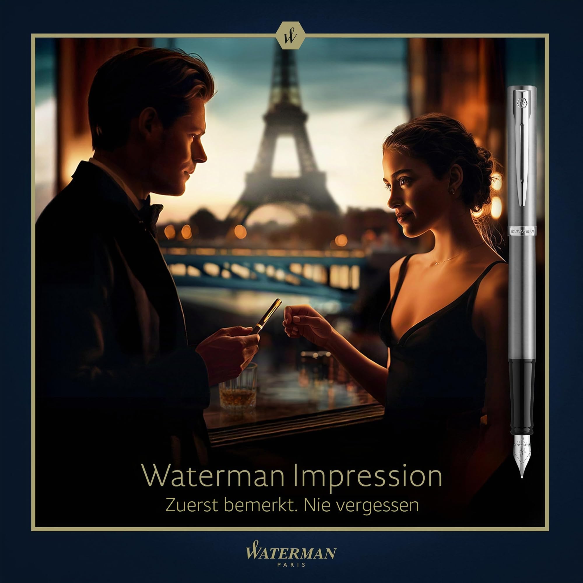 Waterman Impression Füller | Mittlere Feder mit blauer Tintenpatrone | Edelstahl mit palladiumbeschichtetem Zierrat | Geschenkbox