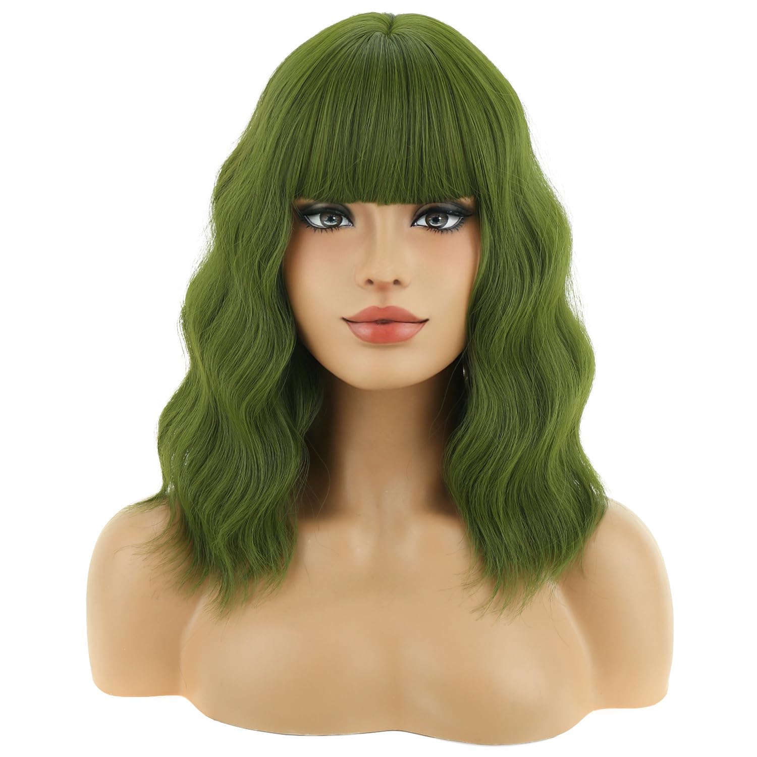 BERON 14-Inch Short Curly Synthetic Wig with Bangs and Wig Cap