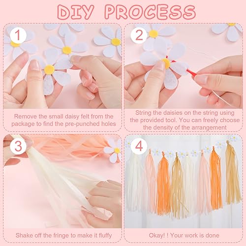 Miniatura 4 de Tudomro 2 guirnaldas de margaritas bohemias con 20 borlas de papel, pancarta de fieltro hippie para decoración de fiesta artificial para boda,