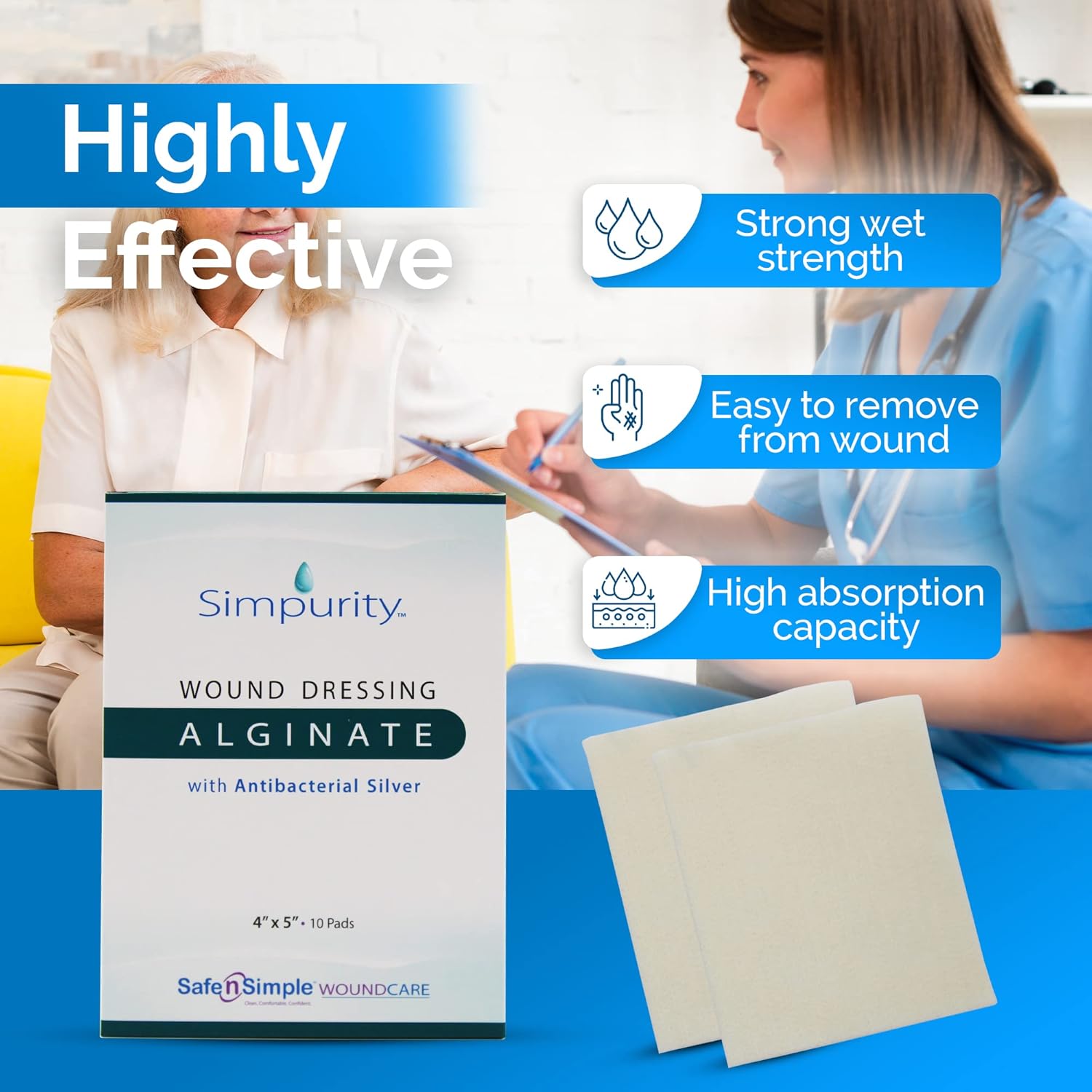 Silver Calcium Alginate Wound Dressing - Simpurity - 4"x 5" Individual Thick Pads - Dressing for Wound Care - Non-Stick Sterile Calcium Alginate Pads with Silver - Safe n' Simple Wound Care Products