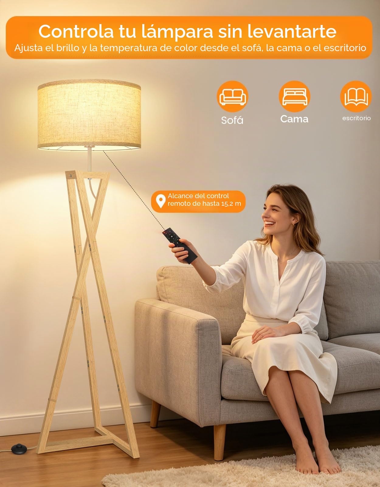 OUTON Lámpara de Pie de Madera con Mando a Distancia y Regulación para Dormitorio, Marrón