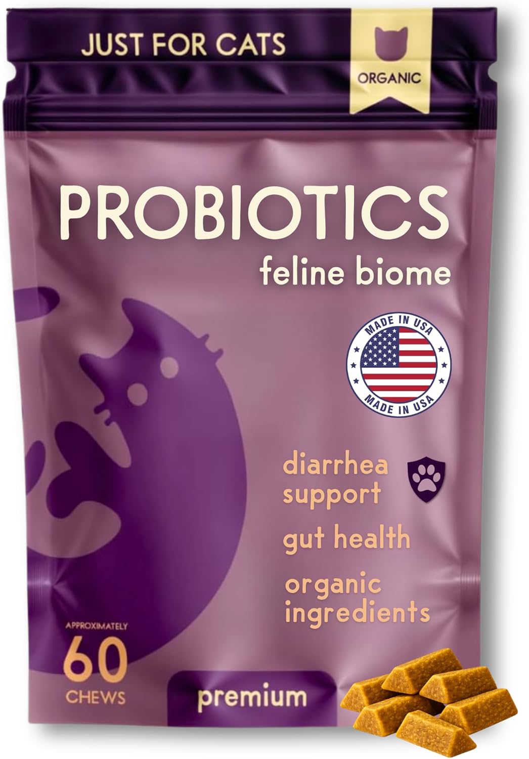 Feline Biome: Premium Cat Probiotic – Gut Health, Diarrhea Relief & Immune Support – Natural & Organic Ingredients – 60 Soft Chews with Real Chicken and Chicken Liver