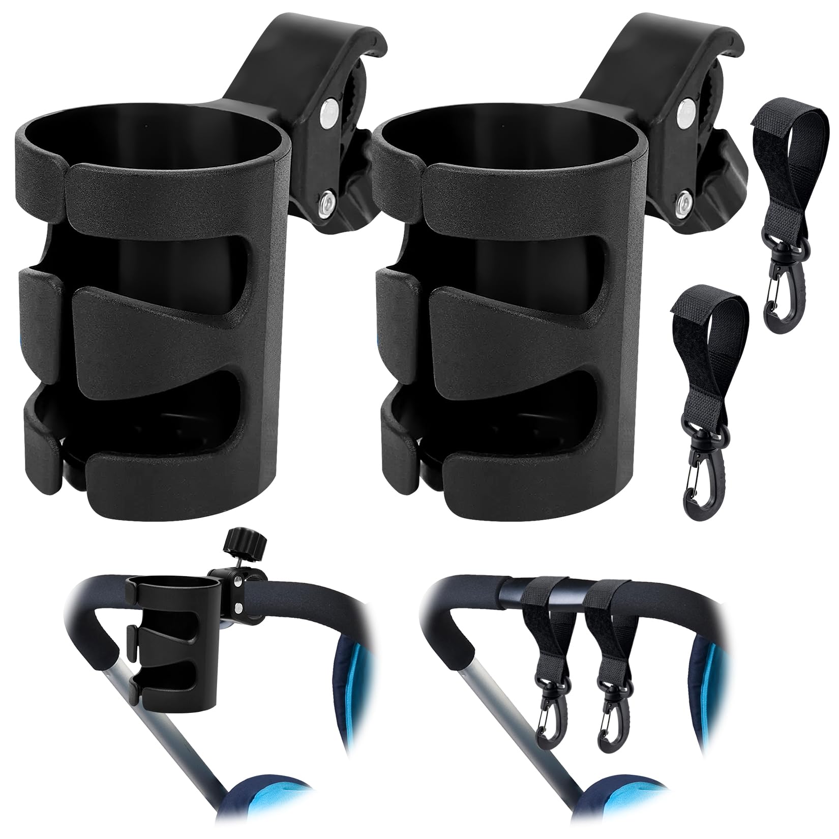 Spetsbst 2 Stück Getränkehalter Kinderwagen mit 2 Haken Universal Einstellbar 360-Grad-Drehung Becherhalter Kinderwagen Fahrrad Buggy Zubehör für Trolleys und Rollstuhl