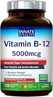 Vitamin B12 5000mcg, Sublingual, Vegan Methylcobalamin, Fast Dissolve Tablets, Natural Peach Flavor, Supports Energy Production & Healthy Nervous System, 120 Tablets