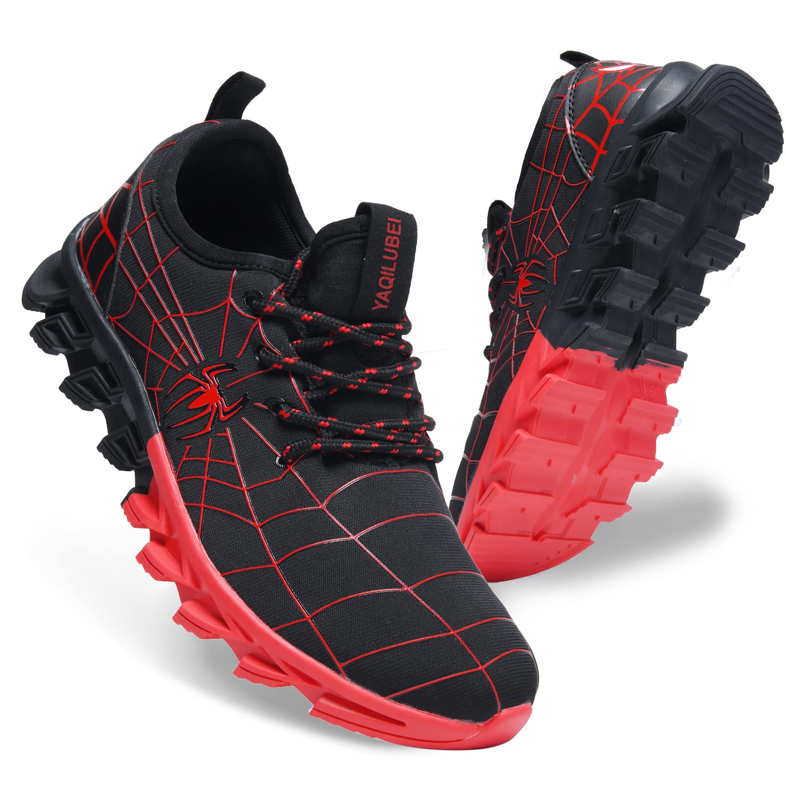 JeremySport Boys Girls Sneakers Kids Shoes Unisex Lightweight Breathable Athletic Running Tennis Shoes Spider Web 3 Size Big Kid Red/Black