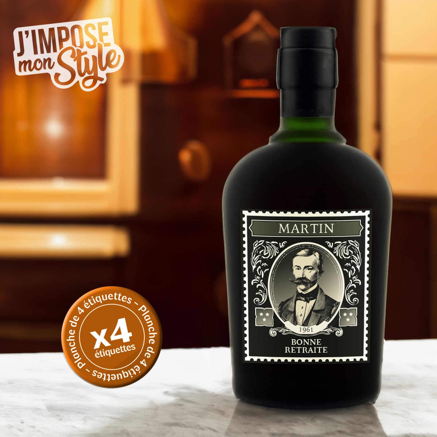 4 Pegatinas Etiquetas Adhesivas para Personalizar Botella de Ron de 70 cl – Cumpleaños – Fiesta – Regalo – Anuncio – Tamaño 8 x 9,5 cm