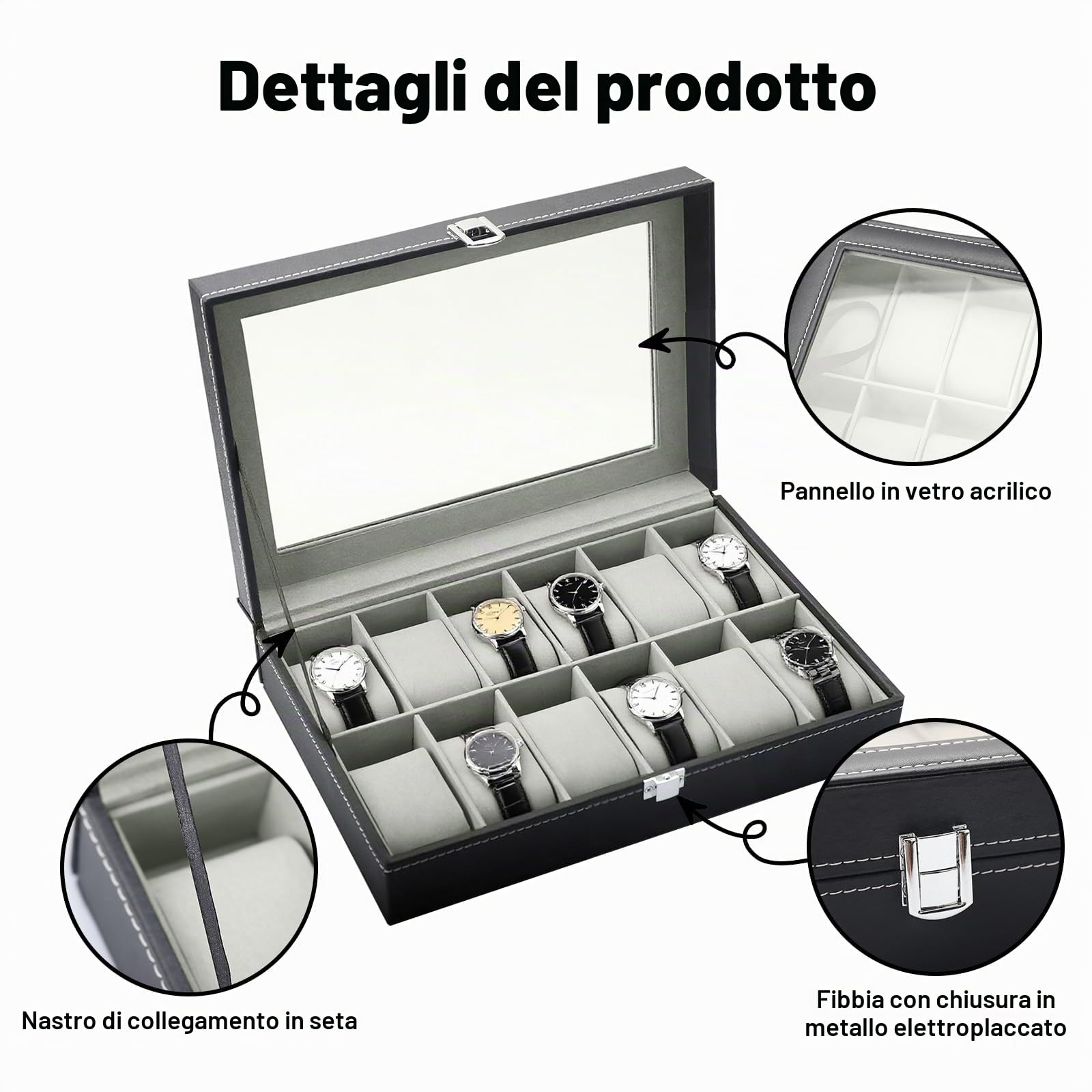 Porta Orologi 12 Posti Scatola per Orologi in PU con coperchio in vetro acrilico Cuscinetti Rimovibili Idea Regalo per Uomo e Donna Compleanno Festa del Ringraziamento