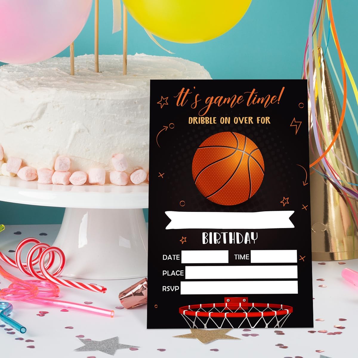 Birthday Invitations for Boy Basketball with Envelopes, Invites for Birthday Party Sports Game, Basketball Birthday Party Invite Cards, Dribble on Over for, 4"x6" Set of 20