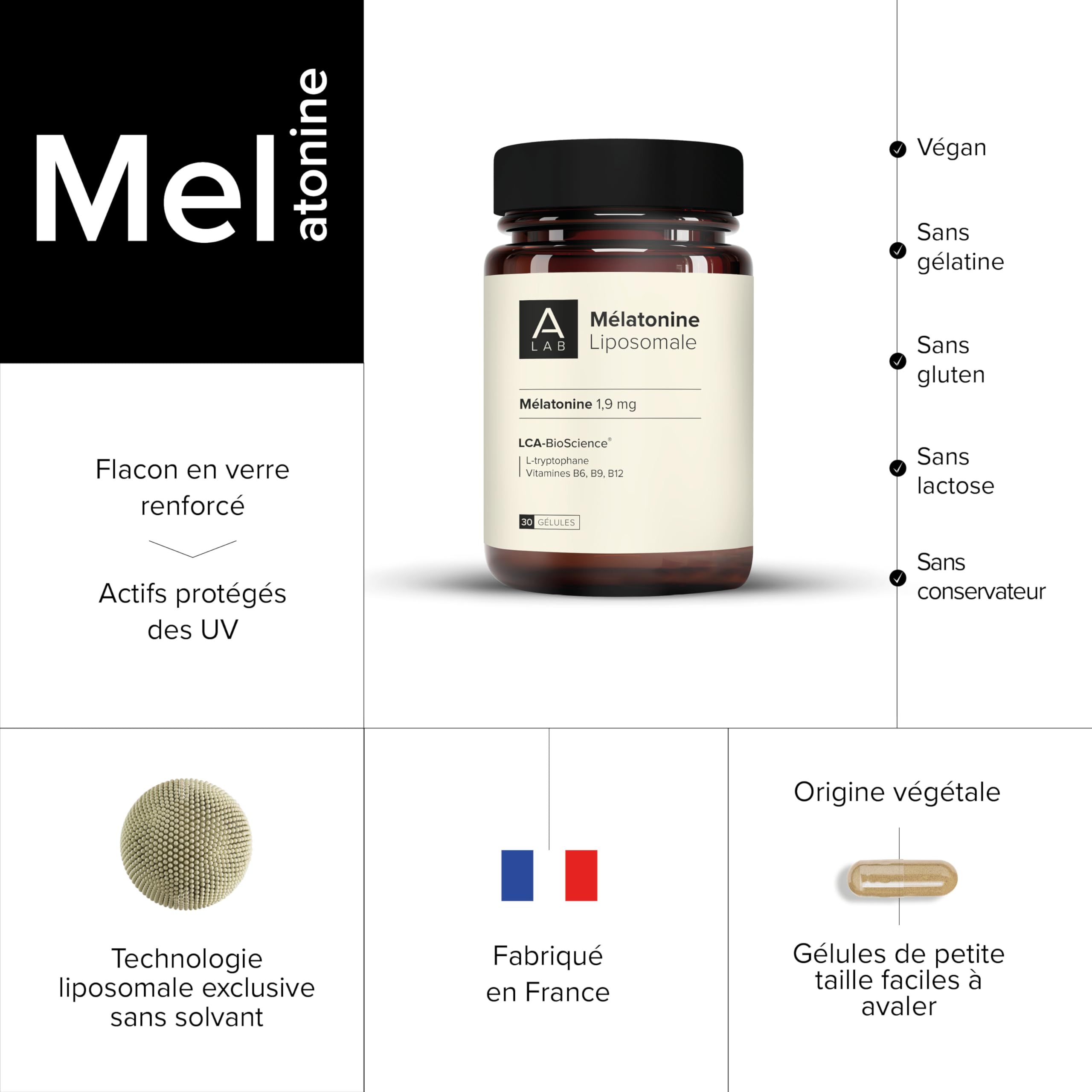 A-LAB Mélatonine Liposomale 1,9 mg - Assimilation Renforcée - Complément Alimentaire Sommeil, Jetlag - 30 jours de prise - Fabriqué en France
