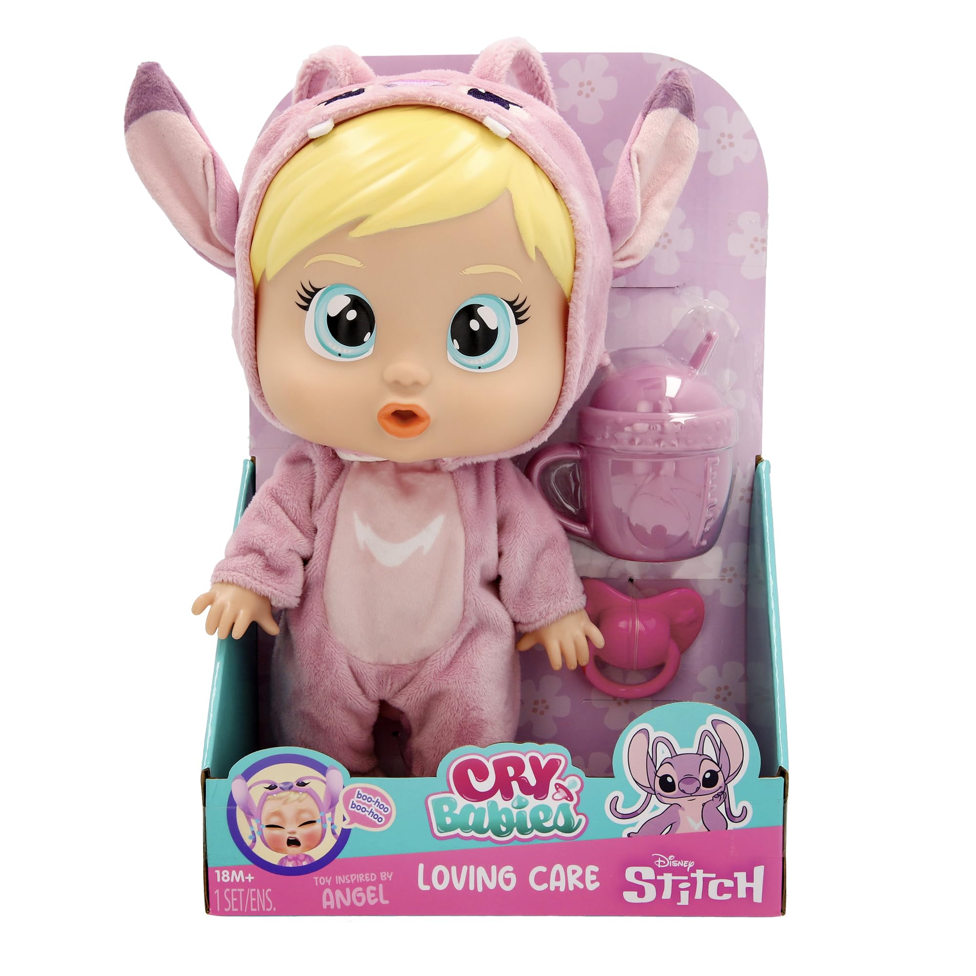 Cry Babies Loving Care Disney Angel, Poupée Pleureur Inspirée par Angel, Comprend 3 Accessoires et pleure de Vraies Larmes, Filles-garçons à partir de 3 Ans, Rose