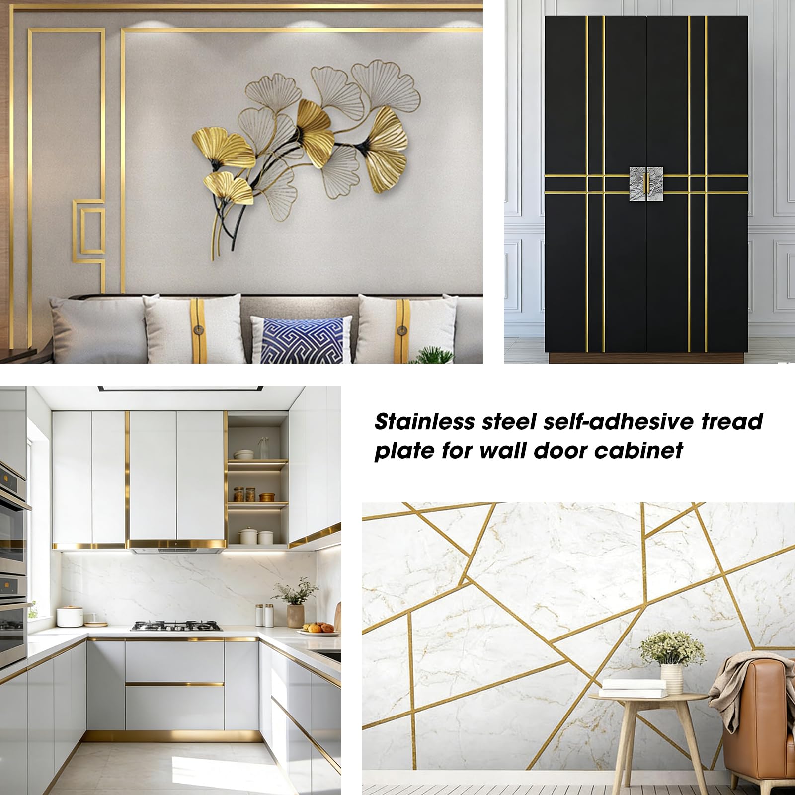 moldura autoadhesiva de techo de acero inoxidable extraíble y adhesivo, cubierta de zócalo autoadhesiva, acabado de metal, para pared, puerta, armario (dorado)